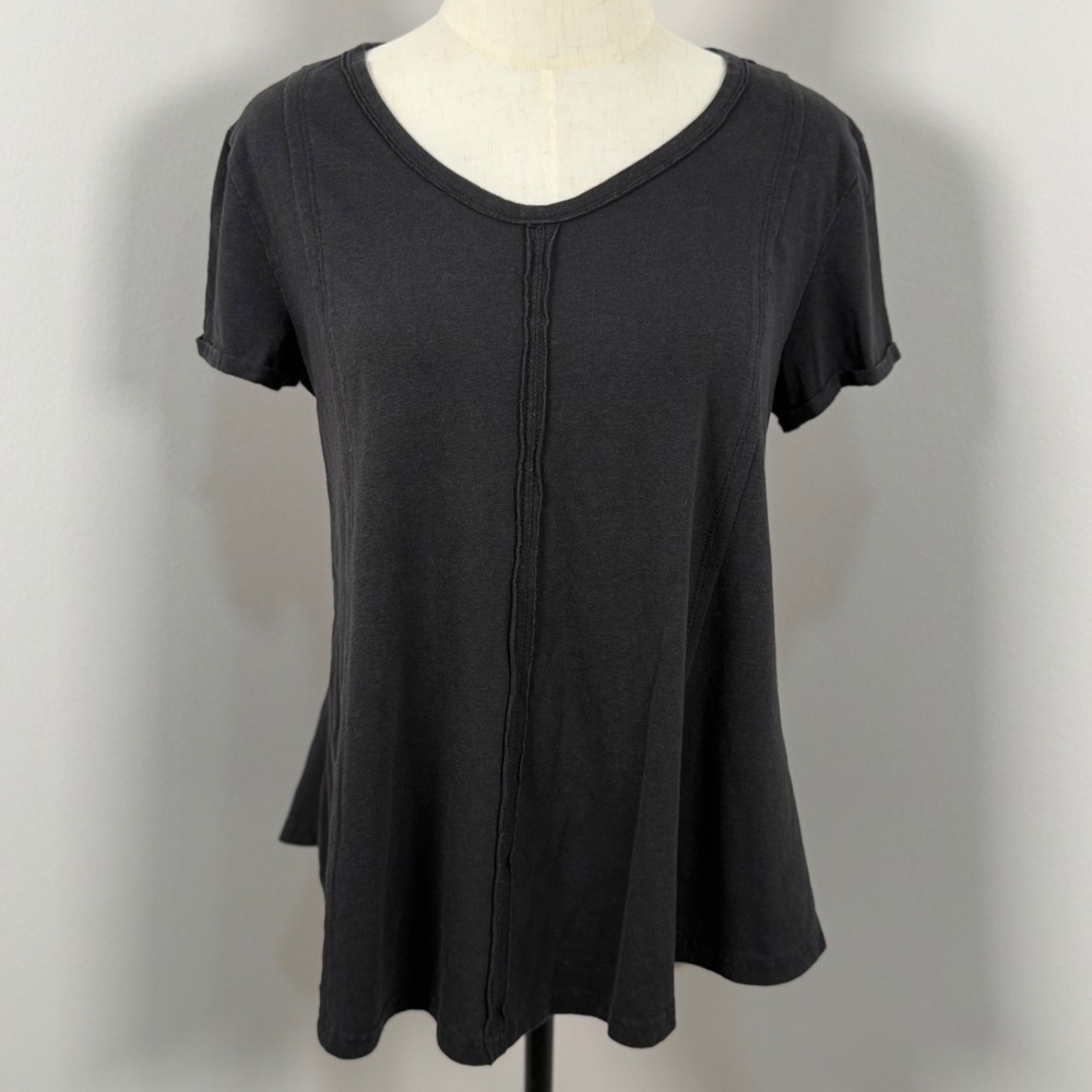 Womens Black S/M Exposed Seam V Neck Casual Grunge Goth Loungewear Neutral Basic